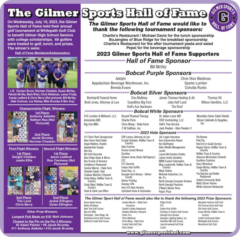 Gilmer County Georgia Sports Hall of Fame 2023 Golf Tournament Results