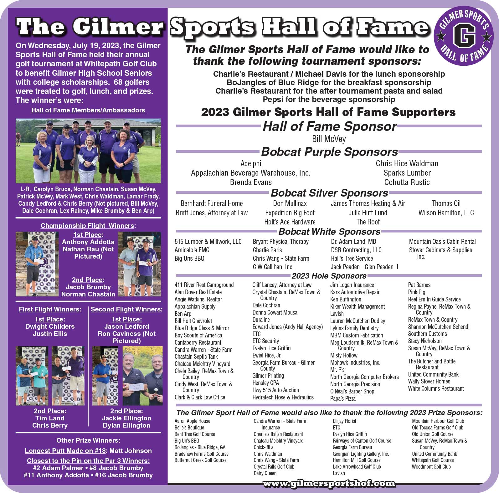 Graphic of Gilmer Sports Hall of Fame 2023 Golf Tournament Results